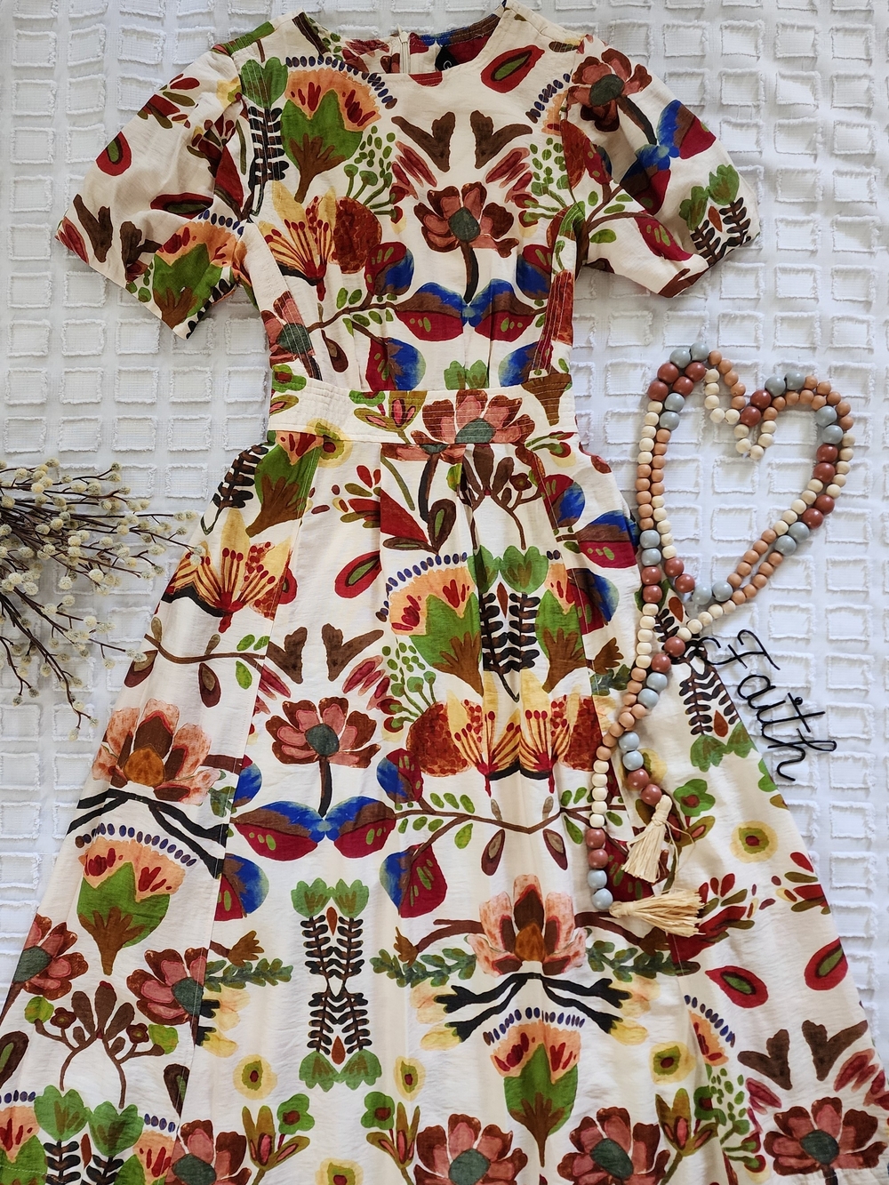 Floral Midi Dress in Cream, Green, Brown & Blue